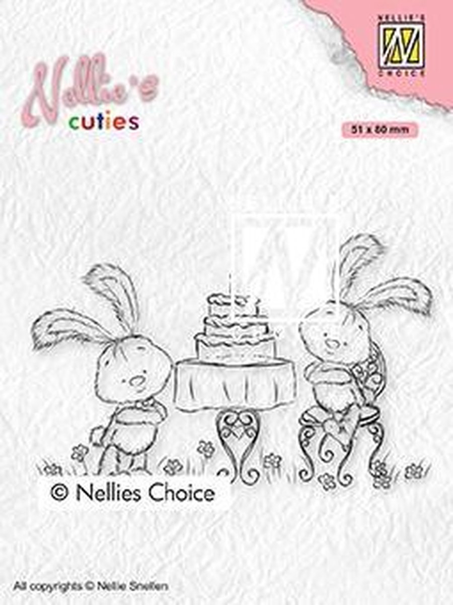 NCCS005 Stempel Nellie Snellen - Nellies Cuties - Clearstamp Javi birthday party - kinderfeest feestje - konijntjes met taart